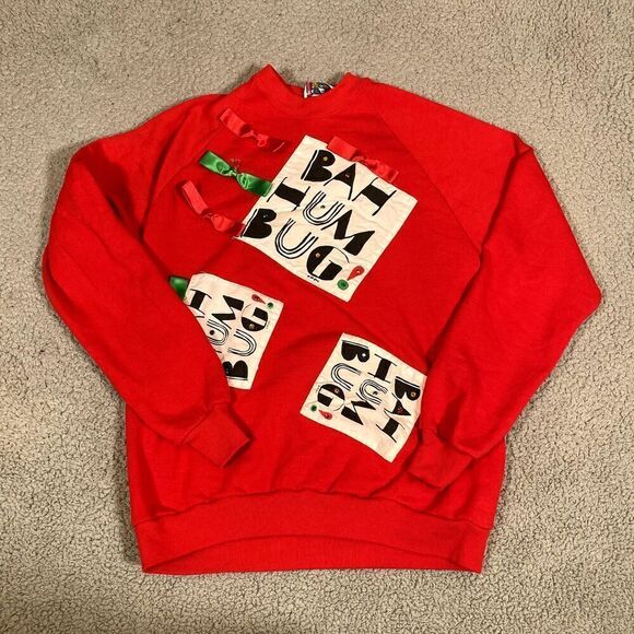 Vintage Bah Hum Bug Holiday Christmas Sweater Adult Pullover Red Ken Done Small - Picture 1 of 8